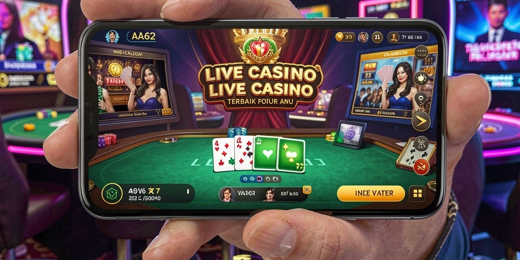 Screenshot utama AA62 menampilkan dealer langsung di meja permainan Live Casino.