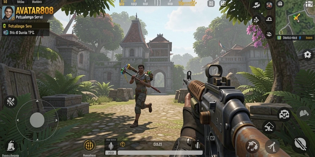 Screenshot AVATAR808 menunjukkan aksi mendebarkan dalam gameplay TPS.