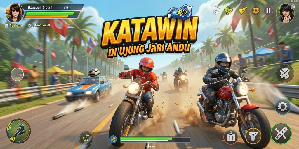 Tampilan gameplay KATAWIN yang mendebarkan dengan mobil melaju cepat di lintasan balap.