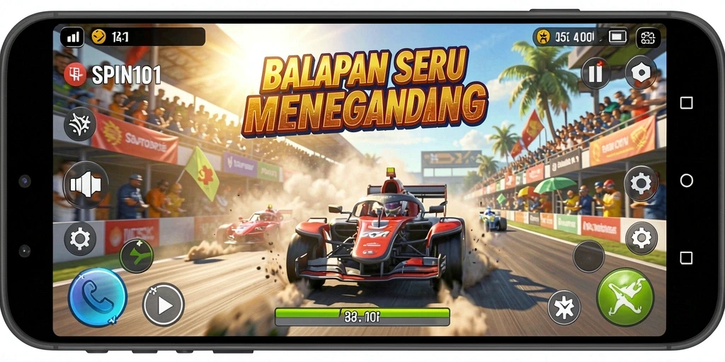 Screenshot gameplay SPIN101 menampilkan aksi balapan yang mendebarkan.